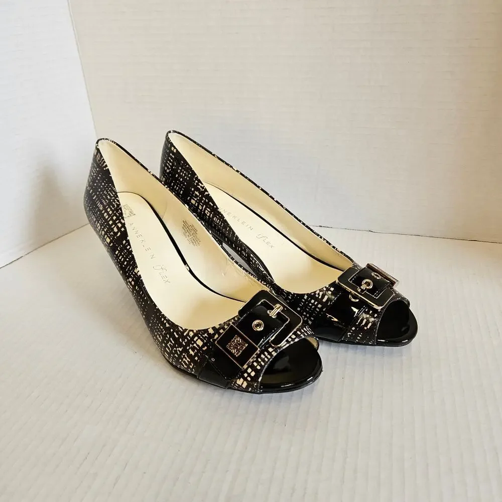 Black/White Plaid Anne Klein iflex Akdane Peep Toe Pumps Size 9.5 M‎